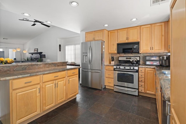 kitchen with decorative backsplash, light brown cabinets, stainless steel appliances, and ceiling fan