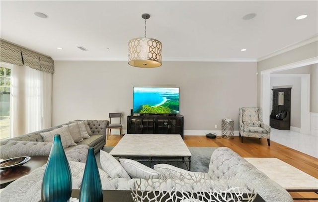 living room with wood-type flooring and crown molding