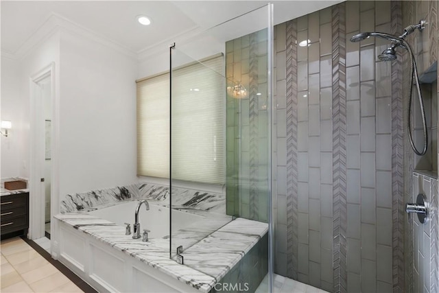 bathroom featuring tile patterned floors, crown molding, and independent shower and bath