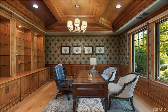 home office featuring coffered ceiling, ornamental molding, wood ceiling, light hardwood / wood-style flooring, and an inviting chandelier