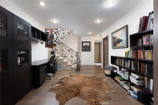 office area featuring ornamental molding and hardwood / wood-style flooring