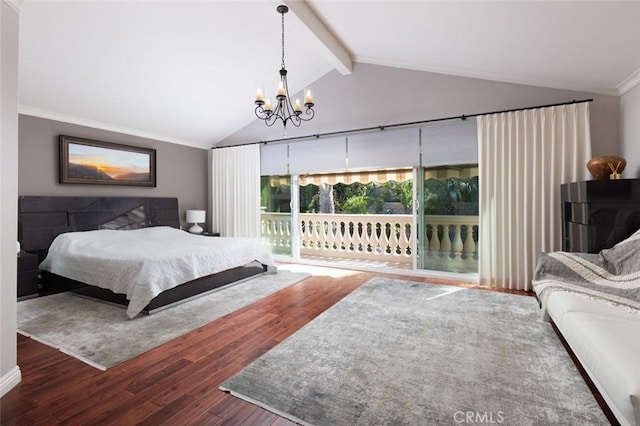 bedroom with vaulted ceiling with beams, dark wood-type flooring, a chandelier, access to exterior, and ornamental molding