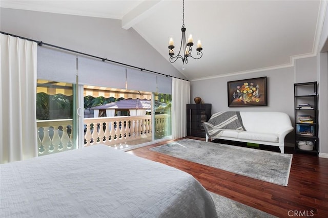 bedroom featuring vaulted ceiling with beams, a notable chandelier, dark wood-type flooring, access to outside, and ornamental molding