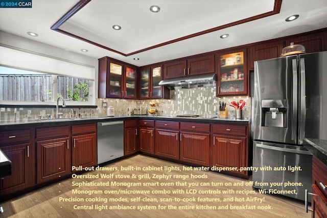 kitchen featuring appliances with stainless steel finishes, decorative backsplash, sink, light wood-type flooring, and a tray ceiling