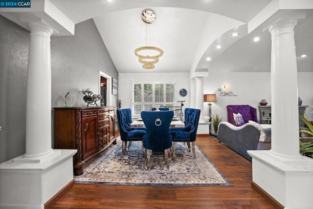 dining space with vaulted ceiling and dark wood-type flooring