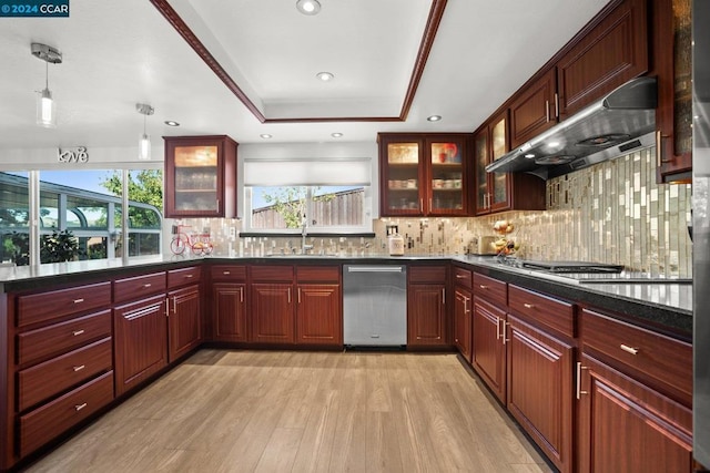 kitchen with appliances with stainless steel finishes, a tray ceiling, light wood-type flooring, hanging light fixtures, and sink