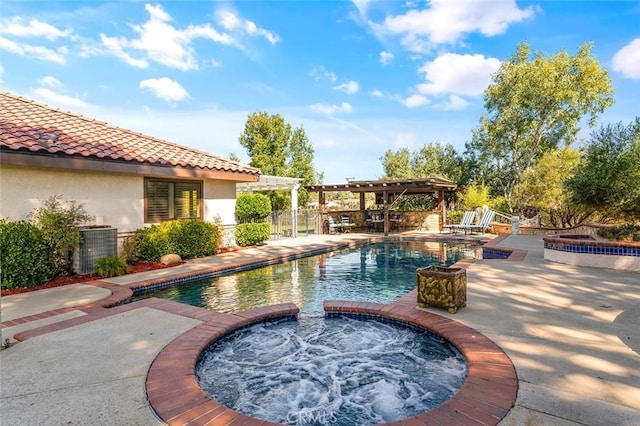 view of pool with central air condition unit, a pergola, an in ground hot tub, and a patio