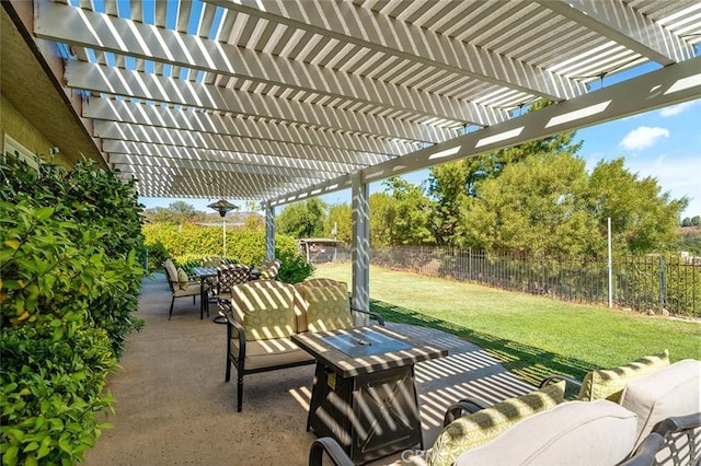 view of patio with an outdoor hangout area and a pergola