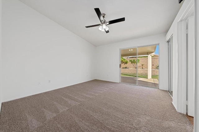 interior space featuring carpet flooring, access to outside, and ceiling fan