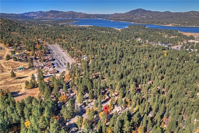 bird's eye view with a water and mountain view