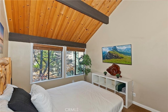 bedroom featuring lofted ceiling with beams and wooden ceiling