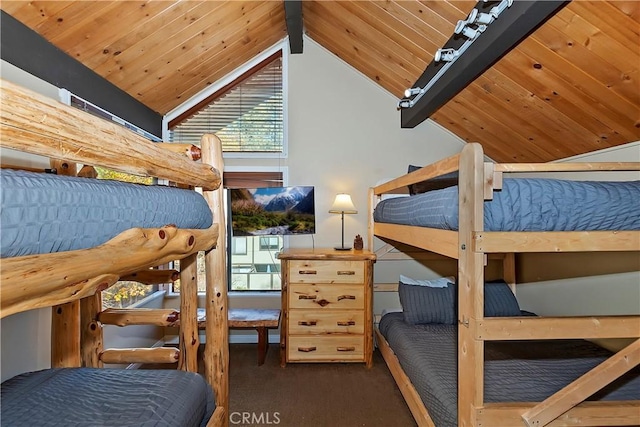 bedroom with vaulted ceiling with beams, dark hardwood / wood-style flooring, wood ceiling, and multiple windows