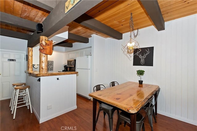 dining area featuring beam ceiling, dark hardwood / wood-style flooring, and wooden ceiling