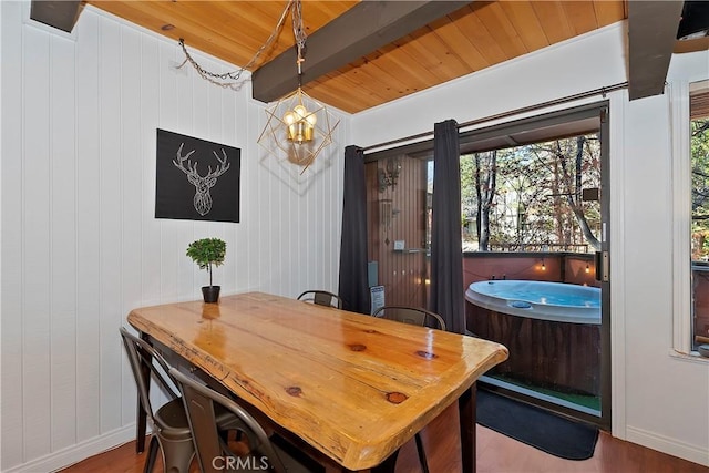 office space with wood walls, an inviting chandelier, hardwood / wood-style flooring, beamed ceiling, and wood ceiling