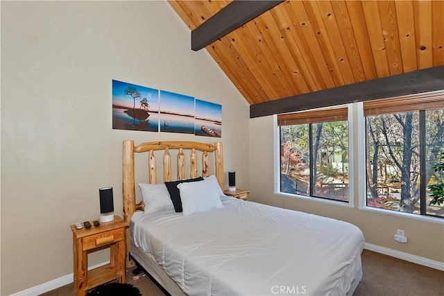 bedroom with beamed ceiling, carpet floors, high vaulted ceiling, and wooden ceiling