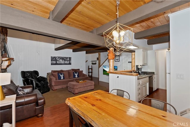 dining room with beamed ceiling, dark hardwood / wood-style flooring, an inviting chandelier, and wood ceiling