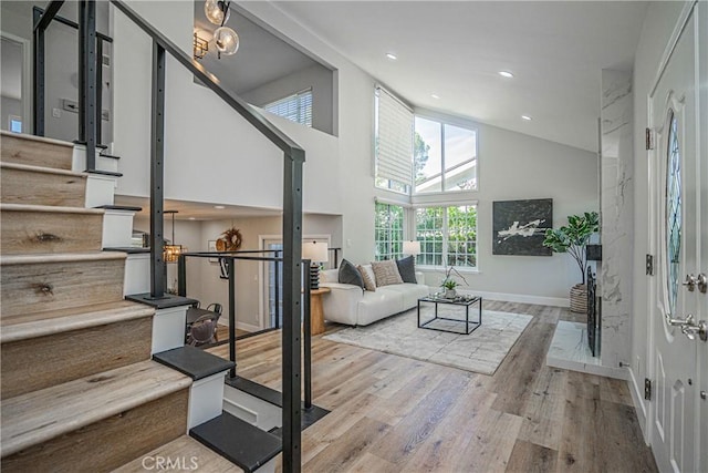 living room featuring hardwood / wood-style floors and a high ceiling