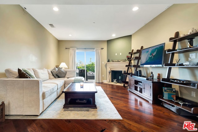 living room with dark wood-type flooring