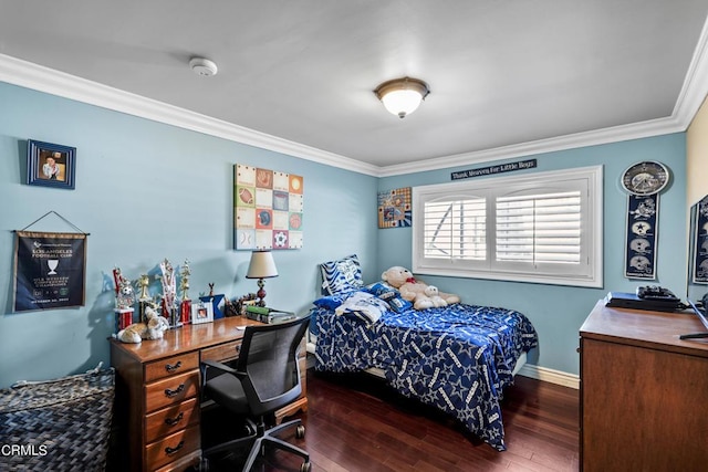 bedroom with dark hardwood / wood-style flooring and ornamental molding