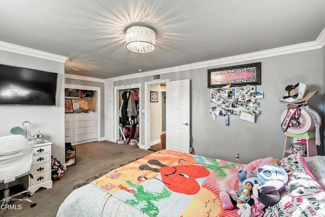 bedroom with crown molding, a closet, and dark colored carpet