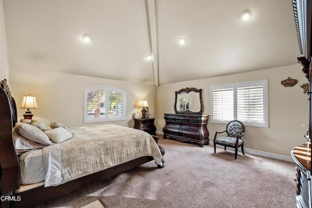 bedroom featuring carpet flooring, beam ceiling, high vaulted ceiling, and multiple windows