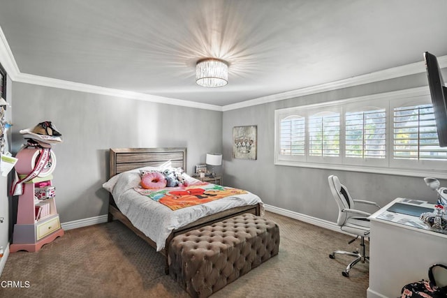 carpeted bedroom featuring crown molding