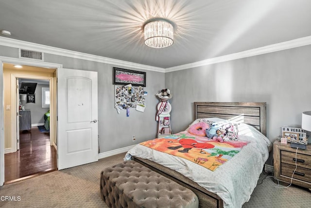 bedroom with ornamental molding, carpet floors, and an inviting chandelier