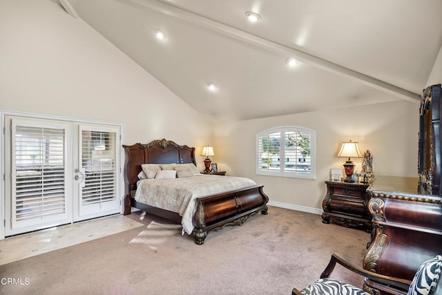 carpeted bedroom with beam ceiling, access to exterior, high vaulted ceiling, and french doors