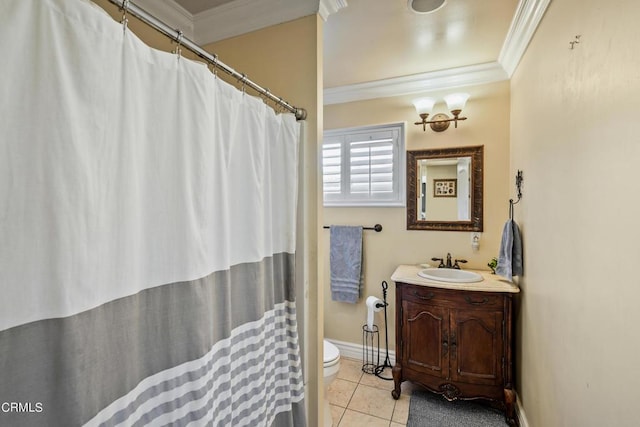 bathroom with tile patterned flooring, vanity, toilet, and ornamental molding