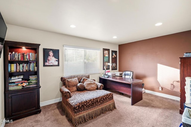 home office featuring light carpet