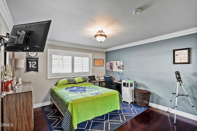 bedroom featuring dark hardwood / wood-style flooring and ornamental molding