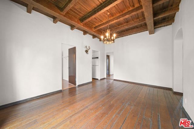 spare room with beam ceiling, wooden ceiling, a notable chandelier, and hardwood / wood-style floors