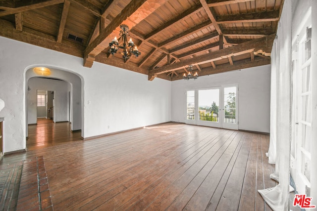 interior space featuring beam ceiling, high vaulted ceiling, wooden ceiling, a notable chandelier, and dark hardwood / wood-style floors