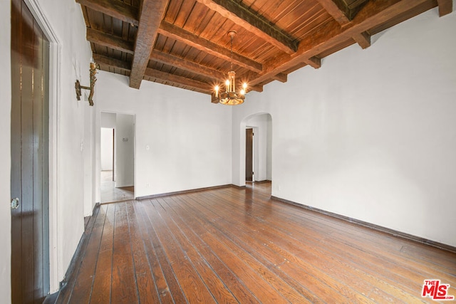 unfurnished room featuring beam ceiling, wood ceiling, a chandelier, and dark hardwood / wood-style floors