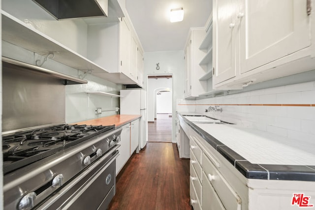 kitchen featuring white cabinetry, dark hardwood / wood-style floors, high end stove, white fridge, and decorative backsplash