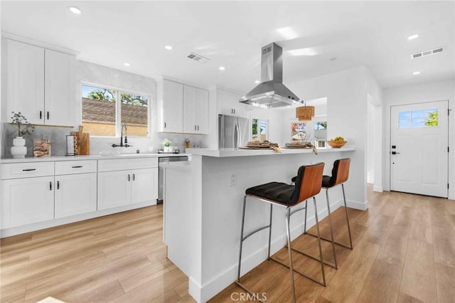 kitchen with light hardwood / wood-style flooring, white cabinets, stainless steel appliances, and ventilation hood