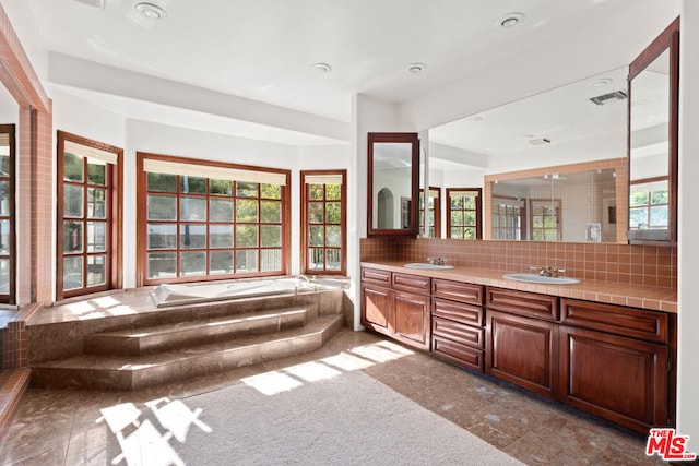 bathroom with vanity, a tub, and tasteful backsplash