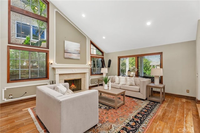 living room with light wood-type flooring and high vaulted ceiling