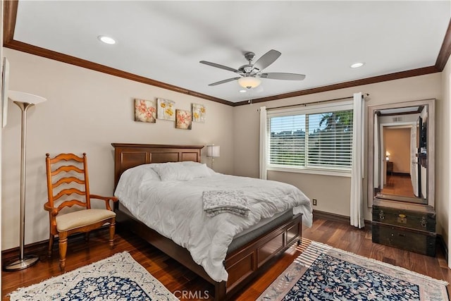 bedroom featuring ceiling fan, crown molding, and dark hardwood / wood-style floors