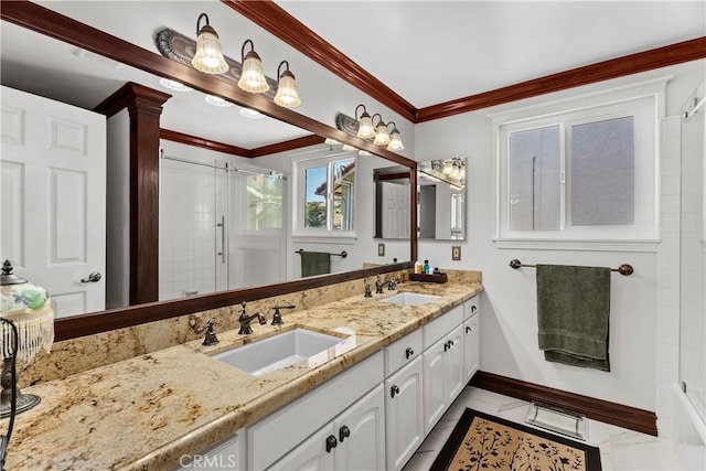 bathroom featuring tile patterned floors, vanity, ornamental molding, and walk in shower