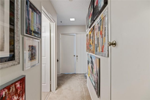 hallway with light colored carpet and a textured ceiling