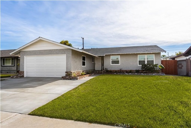 ranch-style house with a garage and a front lawn