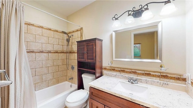 full bathroom with toilet, vanity, and shower / tub combo with curtain