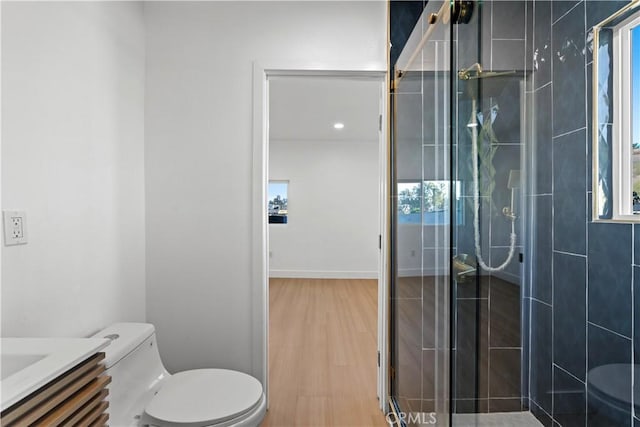 bathroom with walk in shower, vanity, wood-type flooring, and toilet