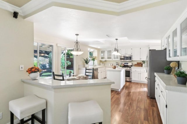 kitchen featuring kitchen peninsula, appliances with stainless steel finishes, a breakfast bar, crown molding, and white cabinetry