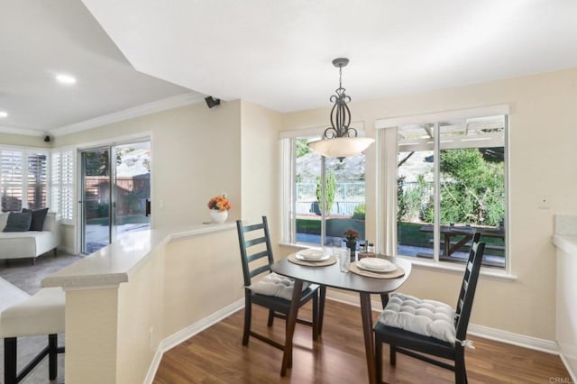 dining space with crown molding and dark hardwood / wood-style floors