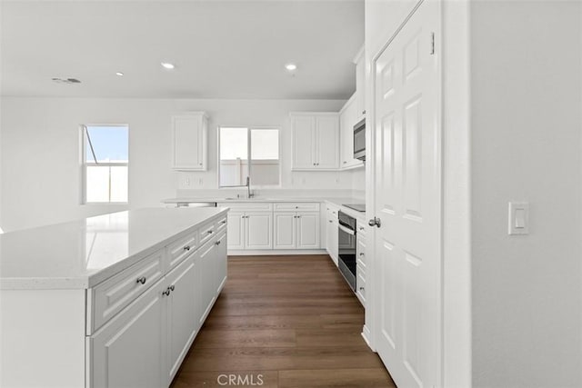 kitchen featuring stainless steel appliances, light countertops, dark wood-style floors, and white cabinetry