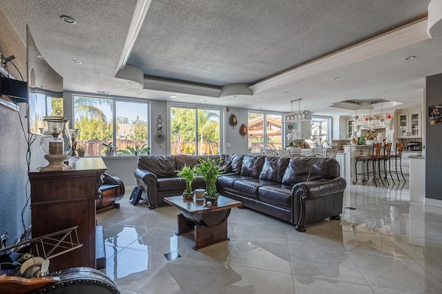 living room with a tray ceiling and a textured ceiling