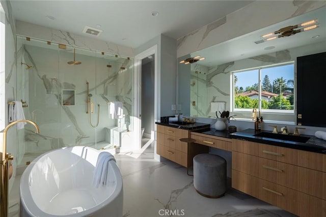 bathroom with separate shower and tub, vanity, and concrete floors