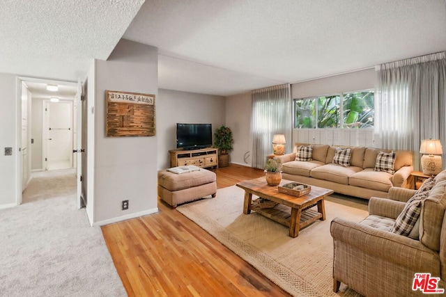 living room featuring light hardwood / wood-style flooring and a textured ceiling